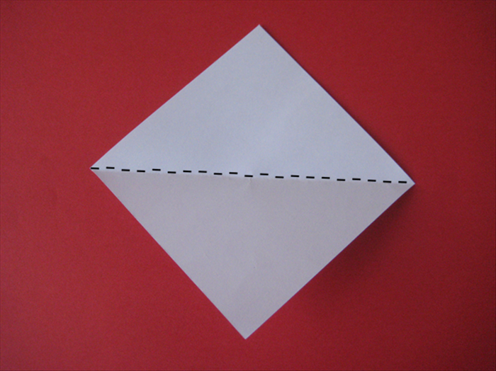 Place paper with the colored side facing down and the points at the top, bottom and sides.

Bring the top point down to the bottom point to fold it in half.

