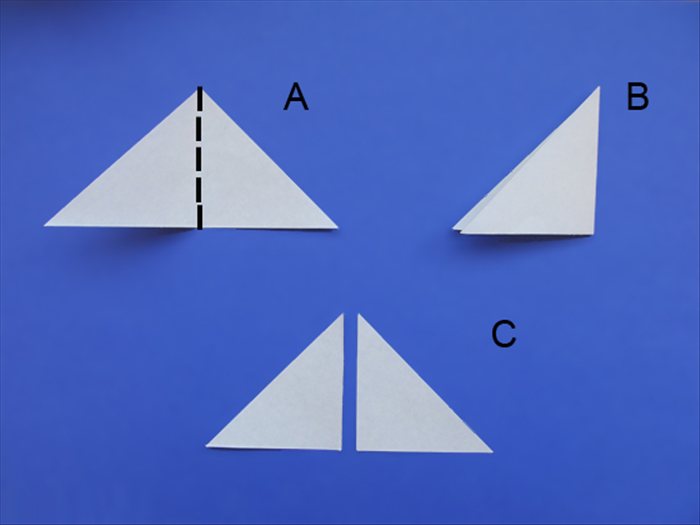 A.  Place the triangle with the long edge at the bottom .Bring the right bottom corner over to the left bottom corner to fold the triangle in half. Give it a sharp crease
 B. Result
C. Cut along the crease. You now have 2 smaller triangles. These are done. Put them aside
