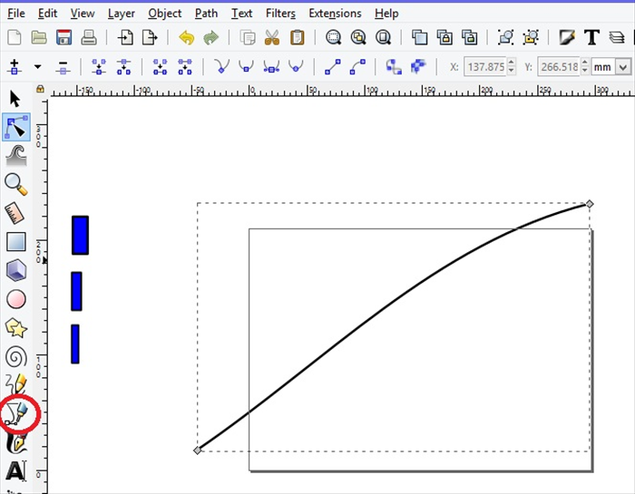 <p> 4. Click on the bezier tool, circled in red. </p> 
<p> Create a line.     </p> 
<p> Select the line. Click on the Edit Nodes tool  icon. </p> 
<p> Drag the line to make a slight curve.</p> 
<p> ***You can leave the line as it is if you want to use straight lines in you design  </p>