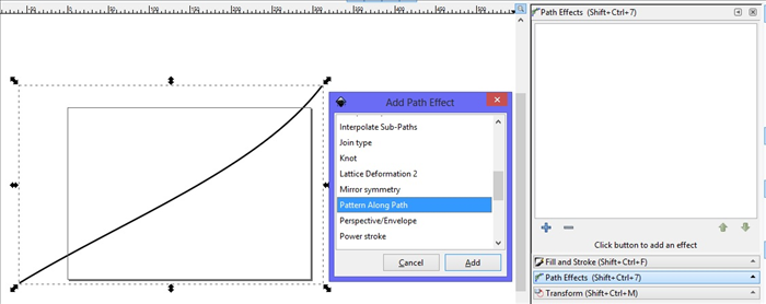 <p> 8. The Add Path Effect menu will appear. </p> 
<p> Scroll down and click on Pattern Along Path.  </p> 
<p> Click on Add.  </p>
