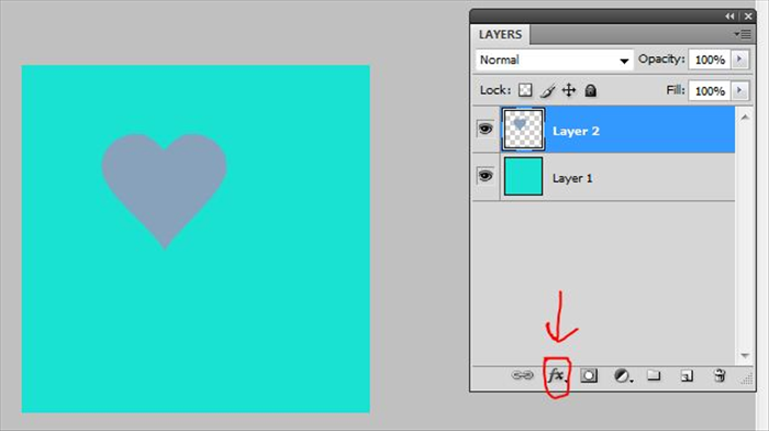 Click on the layer  with the image on it to selected it. The layer color will be highlighted
Click on fx  at the bottom of the layers window
