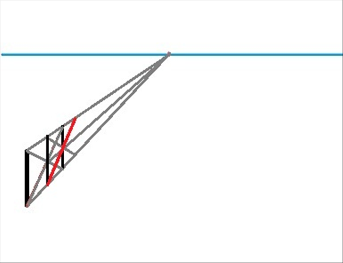 Draw a line from the bottom of the second vertical line to the top orthogonal line. Make it pass through the point where the third vertical line and the middle orthogonal line meet.