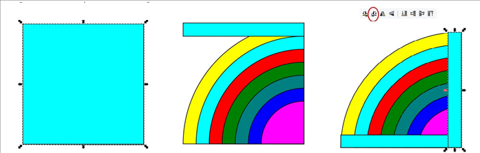 <p> Select and change colors for each band.<br style='font-family: Arial, Helvetica, sans-serif; font-size: small;' /> Drag a square to snap to the right bottom corner and to the bottom left bottom corner of the largest quarter circle for the same height and width .<br style='font-family: Arial, Helvetica, sans-serif; font-size: small;' /> Select the square then click on Path - Object to Path.<br style='font-family: Arial, Helvetica, sans-serif; font-size: small;' /> Drag the bottom of the square until it touches the second line. Then align it to the bottom edge.<br style='font-family: Arial, Helvetica, sans-serif; font-size: small;' /> CTRL and d to duplicate it. Click on Rotate 90 degrees. Circled in red. and align the copy to the left corner.</p>