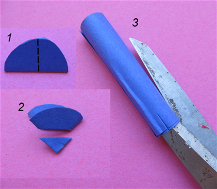 1. Fold the circle in half. Fold it in half again.
2. Cut off the bottom corner of the folded circle about ½ way up.
3. Make 4 slits about 1/2 inch in the tube shape you made around the pen.
