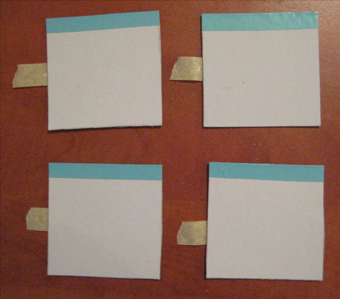 Put tape with the sticky side up on the left side of each square
Put glue on the right edge of each square
