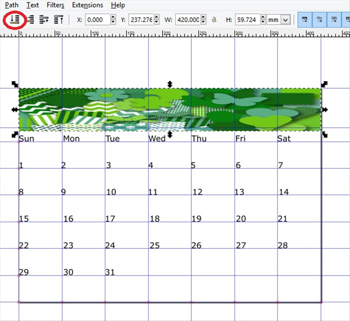 <p> 11</p> 
<p> You can add a picture or any artwork you create.</p> 
<p> In this case a picture was stretched to fit all the columns and slightly above the days of the week</p> 
<p> Click on the lower to bottom icon, circled in red, so you can see the month and year.  </p>