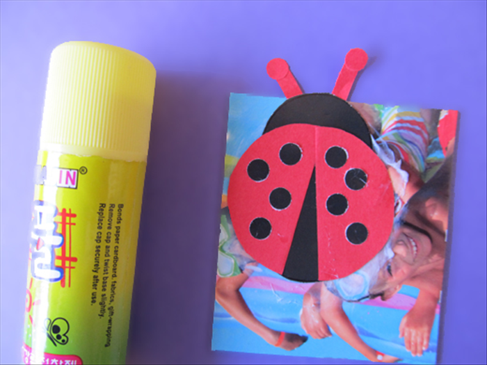 Glue the ladybug to the printed side of the advertisement magnet.
*Make sure the antennas are sticking out.
