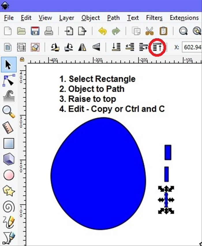 <p> 13. Click on a rectangle.</p> 
<p> If you haven't done it before, click on Object - Object to path.</p> 
<p> Click the Raise to the top icon, circled in red.</p> 
<p> Click Edit- Copy or Ctrl and C on your keyboard. Step 6  </p>