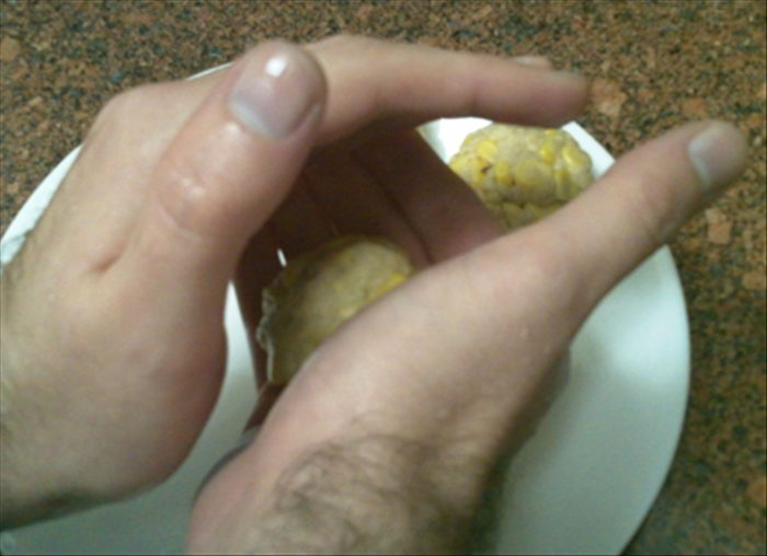 Wet your hands and form flattened balls with 2 tablespoons of the mixture
