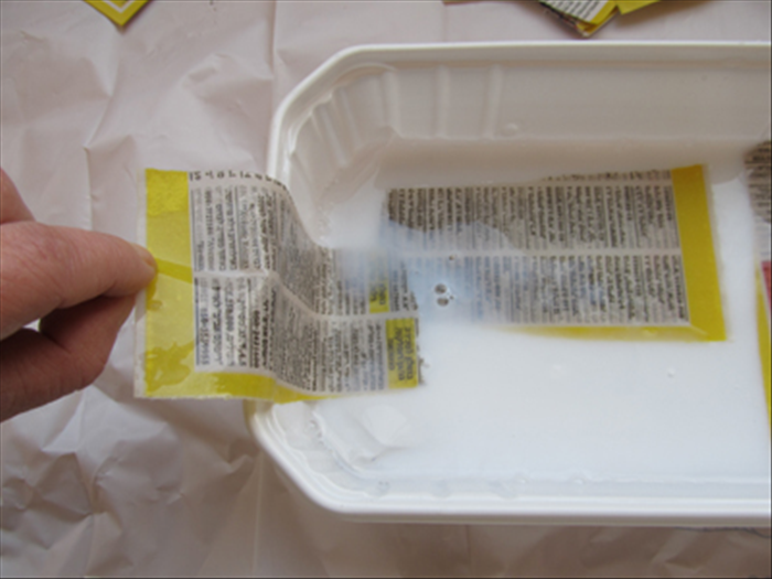 Rip the paper into strips. Do not use scissors
.
Make a mixture of  2 parts white glue to 1 part water in a shallow container.

Place a few strips into the liguid to drench them.
Scrape off the excess on the edge or with your fingers.