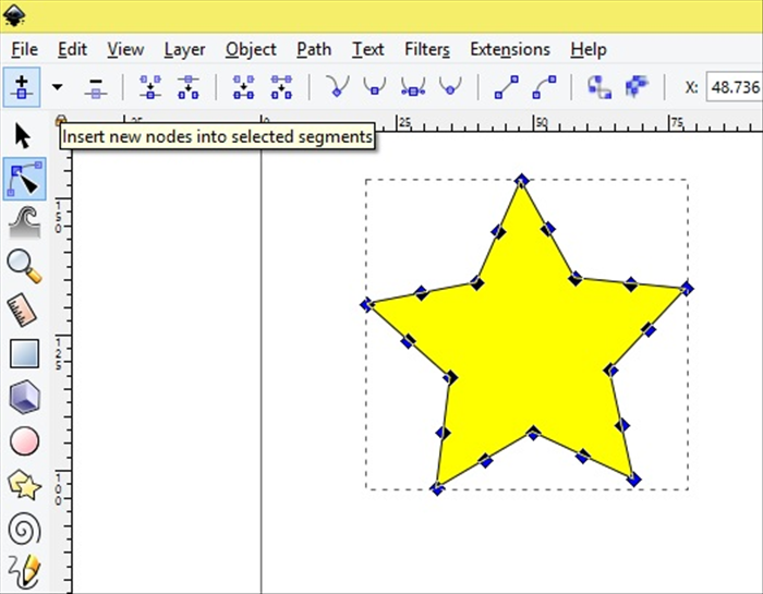 <p> Click once on the Insert new nodes into selected segments.  </p> 
<p>  </p> 
<p> *If you click too many times by mistake do not click on remove selected segments. It will delete the whole star. </p> 
<p>  </p> 
<p> Click on Edit - Undo or ctrl -Z on your keyboard.  </p>