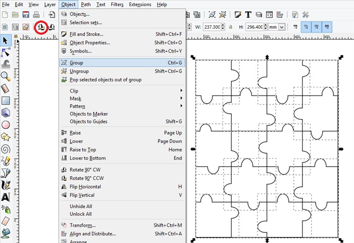 <p> Drag the selection box over all the squares. Click Object- Group.  </p> 
<p> *This setup is for portrait paper. If your picture is on landscape paper click on the rotate 90 degrees icon, circled in red.  </p>
