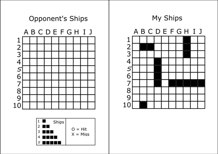 <p> Place one of each ship on the grid for "My Ships".</p> 
<p> They can be placed anywhere horizontally or vertically.  </p>