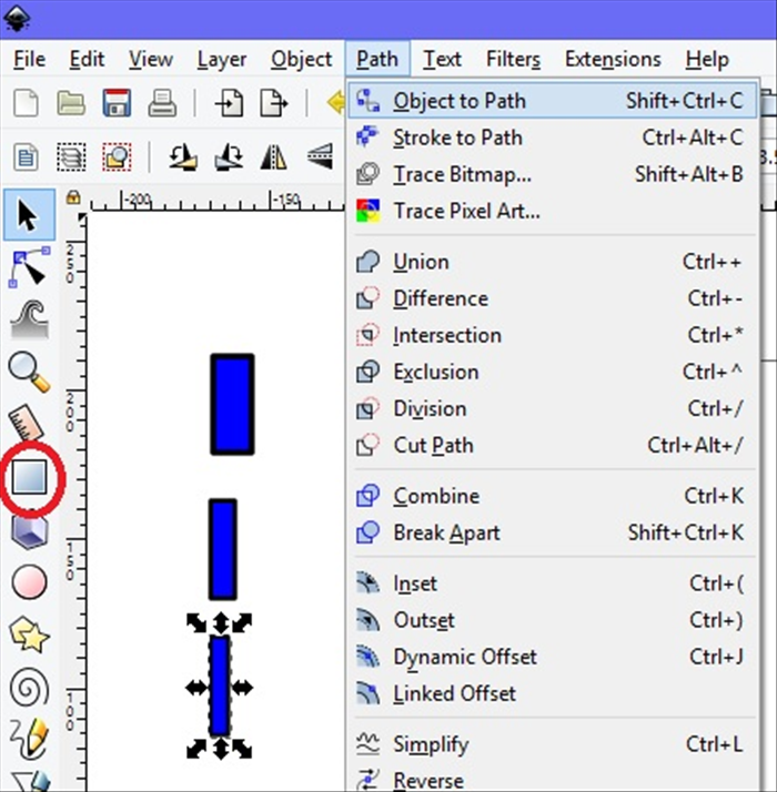<p> 3. Click on the Create rectangle icon,circled in red.</p> 
<p> Create a few small rectangles of different widths.</p> 
<p> Select a rectangle. Click on Path - Object to Path.</p> 
<p> Repeat for each rectangle.  </p>