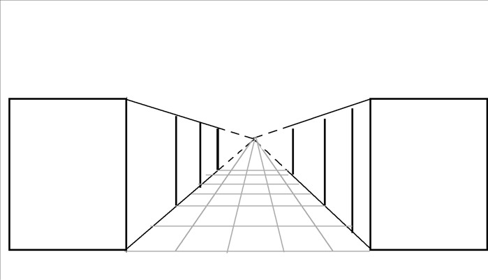 The closets in reality are all the same height and width.
 They are aligned and solid so we only need to put vertical lines connecting the orthogonal lines at different distances on the sides that we can see.

* notice that as they get closer to the vanishing point they appear smaller; they become more distant from where we are standing.

One point perspective can be used for drawings objects such as walls, hallways, roads, railroad tracks
and rooms.