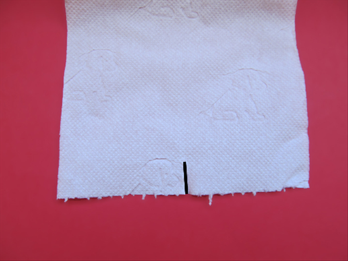 Roll down a few squares of toilet paper. *Do not rip them off.
Rip or cut a small slit in the center of the bottom edge.
