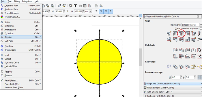 <p> Create a Vertical line. Select the line and the top half circle.  Align it to the center. Circled in red.<br style='font-family: Arial, Helvetica, sans-serif; font-size: small;' /> Click Path - Division<br style='font-family: Arial, Helvetica, sans-serif; font-size: small;' /> The top half circle will be divided into 2 quarter circles.</p>