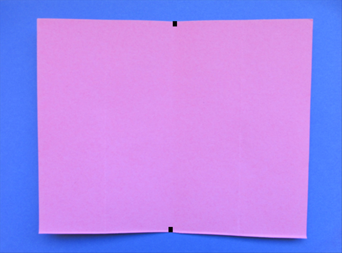 Place your paper so that the short edges are at the sides.

Bring the right edge over to the left, as if you were going to fold it in half. Do not crease. Pinch the 2 side edges to mark the middle points

