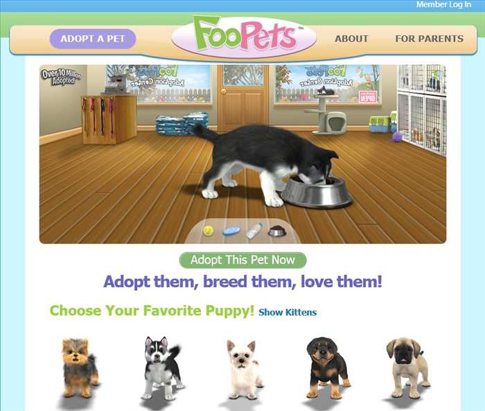 <p> FooPets</p> 
<p> You can sign up online and adopt a single pet for free but paid membership is needed to unlock all the features.</p> 
<p> <a href='http://www.foopets.com/' rel='nofollow'><em>http://www.foopets.com</em></a></p> 
<p>  </p>