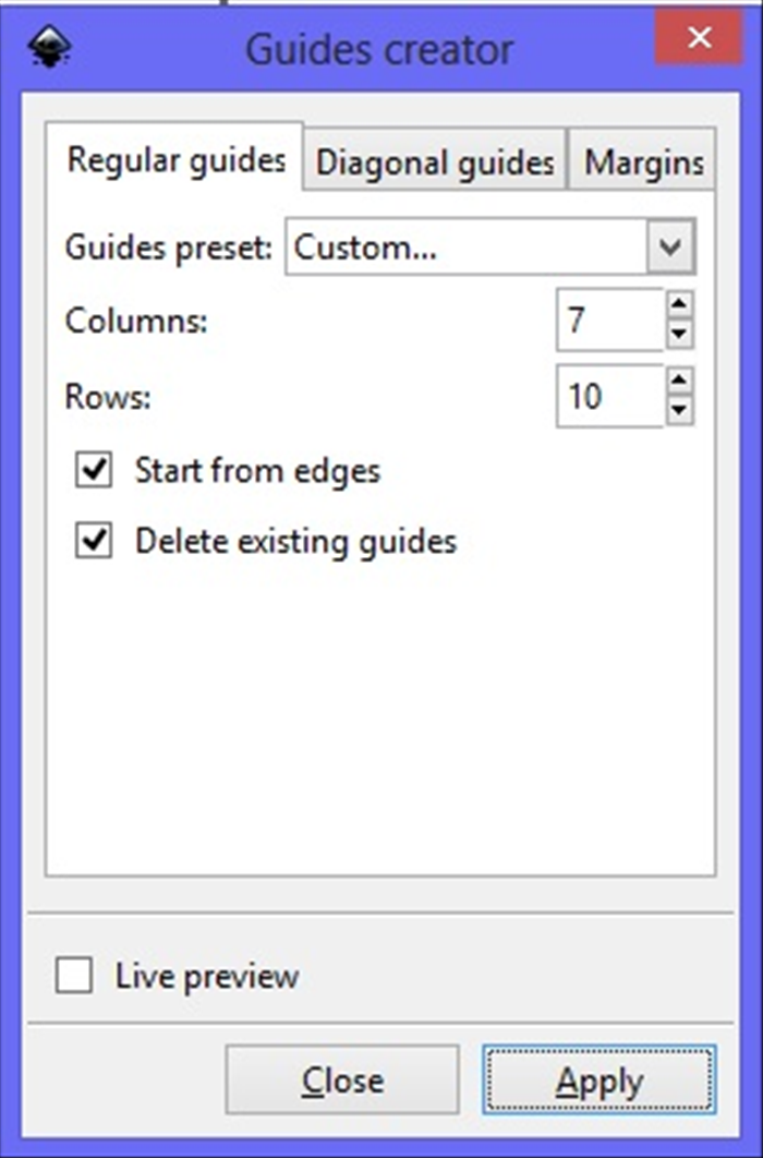 <p> 3. Change the number of Columns to 7 and Rows to 10. Check mark next to - Start from edges and Delete existing guides Click Apply  then the X box on the top right corner  </p>