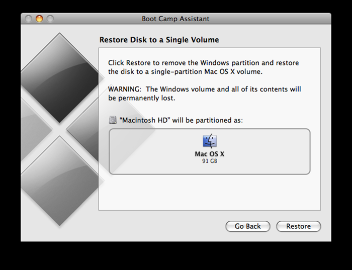 Click 'Restore' button - to remove the Windows partition and restore the disk to a single-partition Mac OS X volume