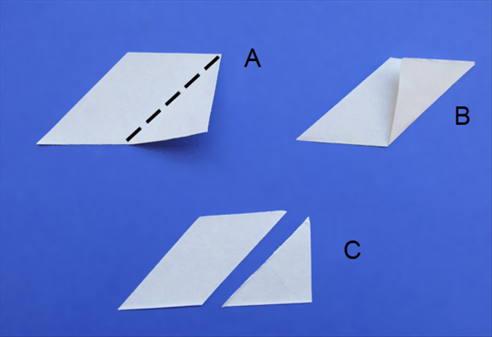 A.	Take the piece you put aside in step 5 and place it with the long edge at the bottom. Bring the right bottom edge up to the left top edge.
B.	Result. Give it a sharp crease
C.	Cut along the crease. 
