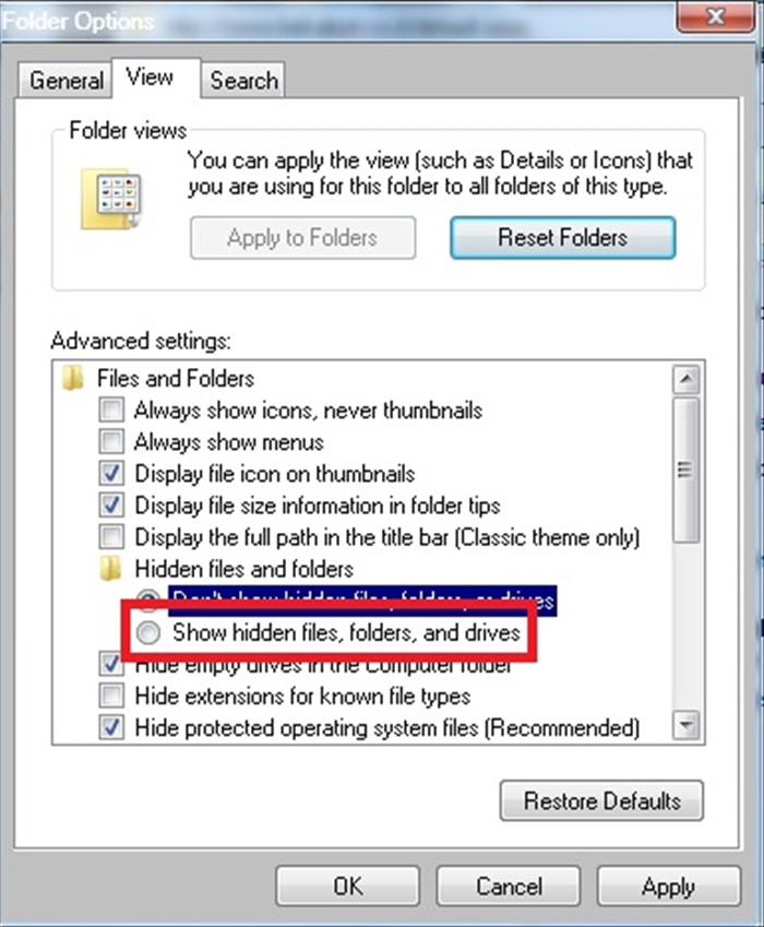 Select the  'Show hidden files, folders and drives' option
and click on the 'OK' button
