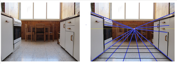 But if we change position, the parallel lines of the top and bottom edges of the closet seems to get
closer together and smaller, the further away they are from where we are standing or sitting in this case.

The marked picture shows all orthogonal lines go to the one vanishing point including the floor tiles
and all the closets.

We cannot see the tops of the objects above the horizon line drawn in yellow.