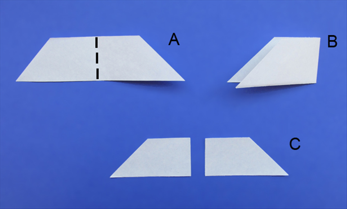 A.	Take the right bottom corner and bring it to the left to fold the paper in half.
B.	Result. Give it a sharp crease
C.	Cut along the crease. Put the left piece aside to work on later
