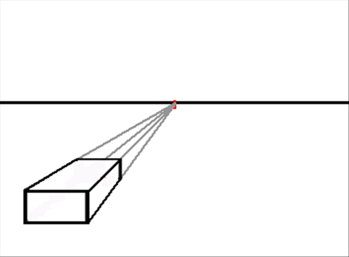 In the previous guide we made a three dimensional rectangle using a vanishing point. (see guide link, if you have not read it) 

Any rectangle drawn, any place on the paper, is made 3d the same way,
 by connecting lines (called orthogonal lines) from its corners to the vanishing point (on the horizon line)
and then connecting the orthogonal line with horizontal and vertical lines (called transversal lines.)

This solid 3d rectangle is to the left side and below the horizon line.

It is below our eye level and to our left.

We see only the side parallel to our face and it’s top and right side.